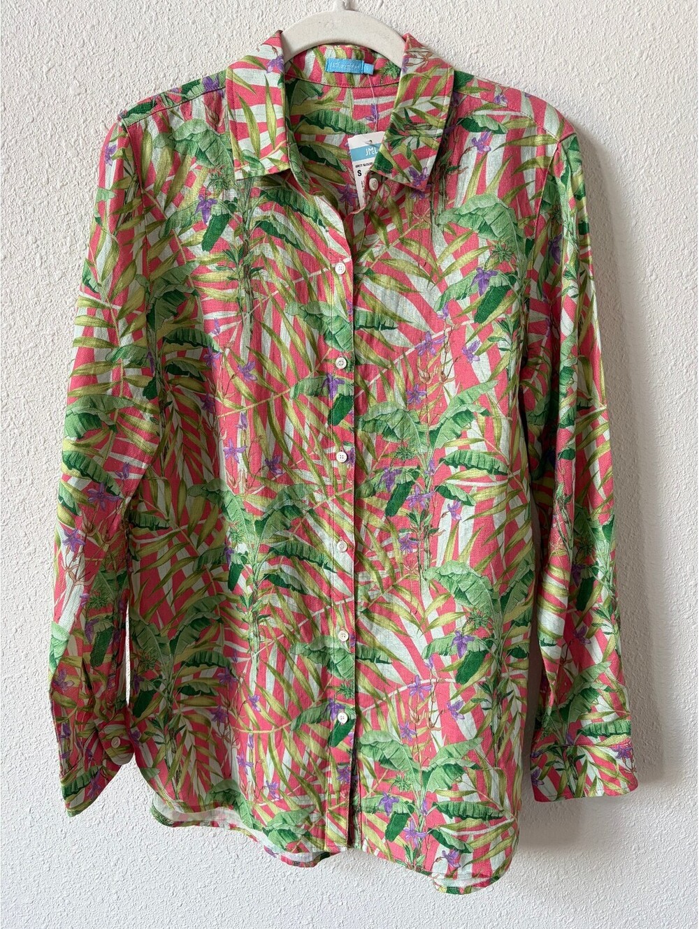 J McLaughlin Britt Blouse Size Small Coral Tropical 100% Linen Coastal Vacation